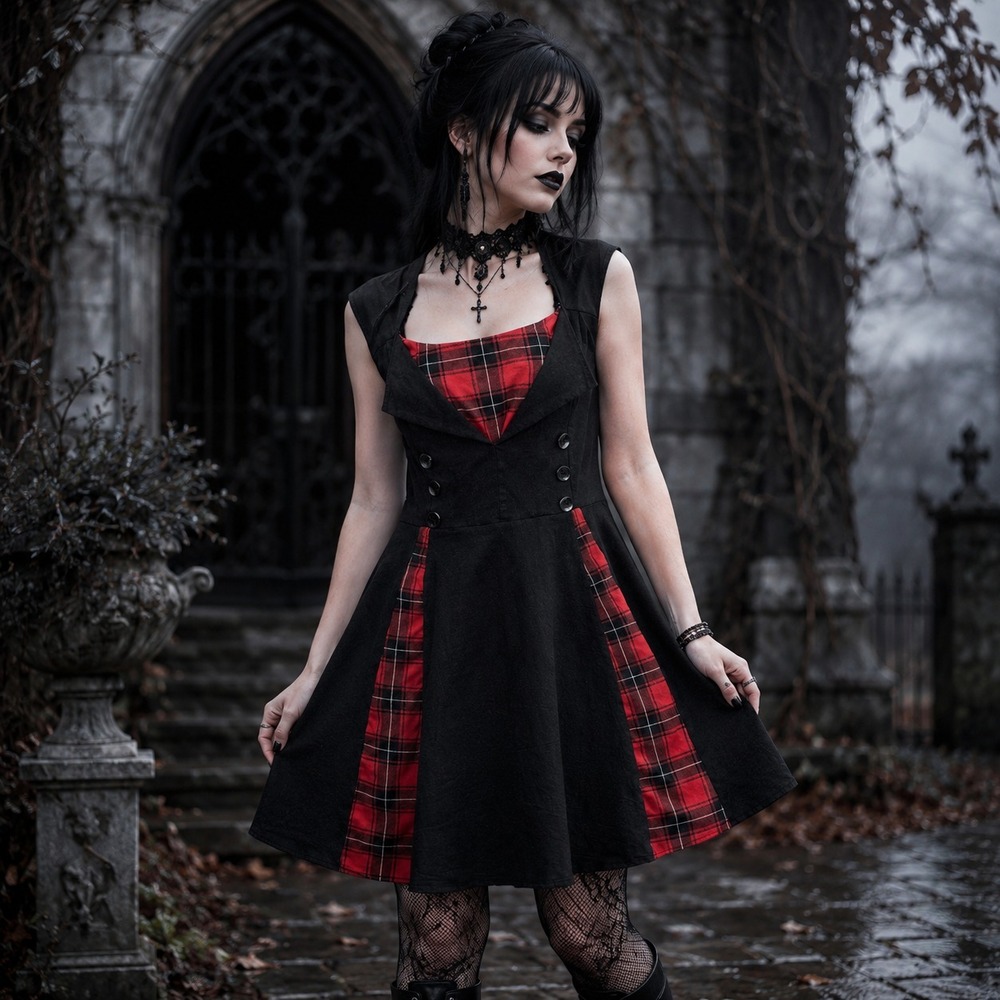 Punk Goth Plaid Fit & Flare Mini Dress Sz 4XL Black Red Tartan Retro Pin Up